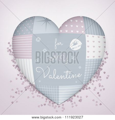 3D pillow in shape of a heart with patchwork. Sensual blue and rose shades. Valentine's day.