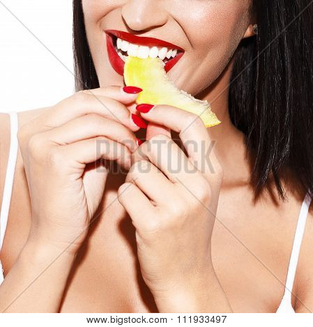 Sexy Woman With Red Lips Eating Honeydew