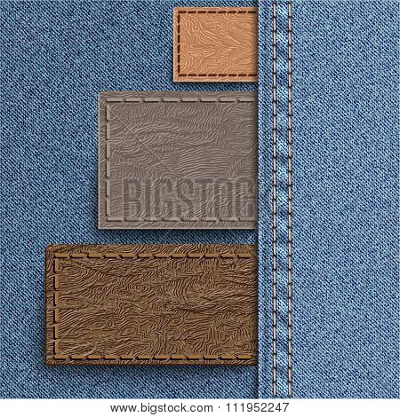 Three Leather Label Sewn Into Denim. Jeans Background Can Be Used For Infographics And Other.