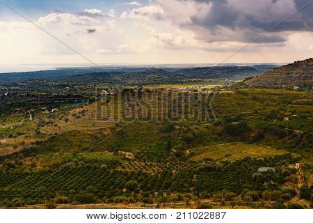 Aerial view on the Sicilian landscape near the city of Avola Italy