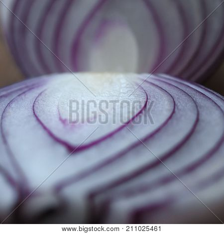 Food Preparation, Cooking Concept: Chopped And Peeled Fresh Red Onions On Rustic Wooden Background