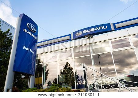 Prague, Czech Republic - October 27: Subaru Company Logo On Dealership Building On October 27, 2017