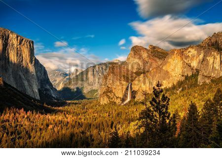 Yosemite Valley and Bridalveil Fall at sunset from tunnel view, California. Long exposure.