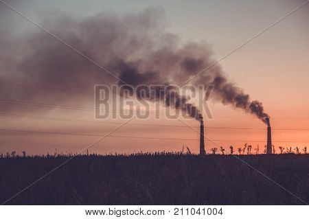 Industrial Smoke From Chimney At Sunset, Steppe Near Almaty, Kazakhstan