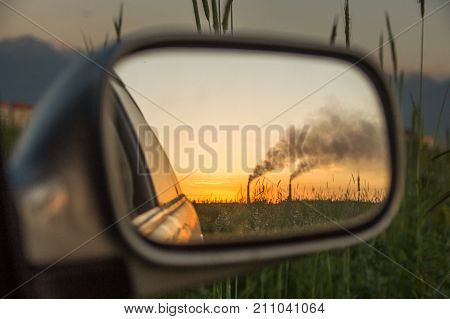 Industrial Smoke From Chimney At Sunset, Steppe Near Almaty, Kazakhstan