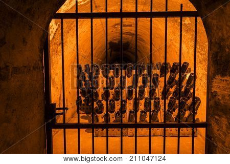 Reims France - June 14 2017: the caves of Champagne House Mumm with old pupitres in a closed cellar France.