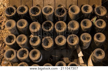 Epernay France - June 9 2017: Caves of Champagne Charles Mignon with 'pupitres' in Epernay France.