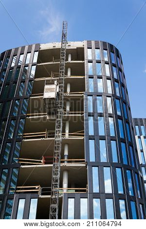 Prague, Czech Republic - July 13: Lift From Pega Hoist On Skyscraper Construction Site On July 13, 2