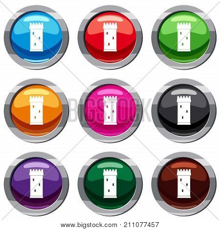 Fortress tower set icon isolated on white. 9 icon collection vector illustration