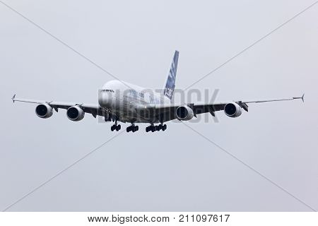 Zhukovsky, Moscow Region, Russia - August 30, 2013: Airbus Industrie A380 F-WWDD modern civil airliner landing after a demo flight in Zhukovsky during MAKS-2013 airshow.
