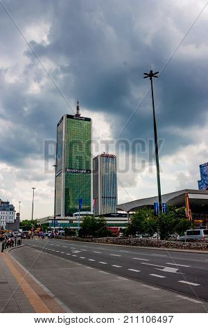 WARSAW, POLAND - JUNE, 2012: View of Centrum LIM skyscraper and Oxford Tower was finished in 1978 and was one of the first skyscrapers in Warsaw.
