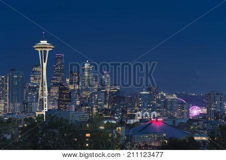 Seattle, Washington, USA - October 15, 2015: Downtown Seattle skyline with view of Mt. Rainier in the distance, Washington