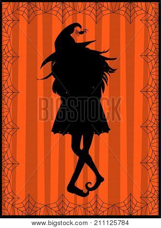 black silhouette of witch on striped orange background framed with the bats. Halloween vector illustration.