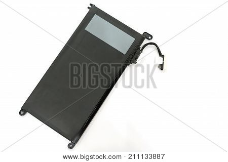 Rechargeable Li-ion battery with power plugs connector of laptop isolated on white background Top view with copy space and Text.