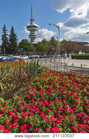 THESSALONIKI, GREECE - SEPTEMBER 30, 2017: OTE Tower and flowers in front in city of Thessaloniki, Central Macedonia, Greece