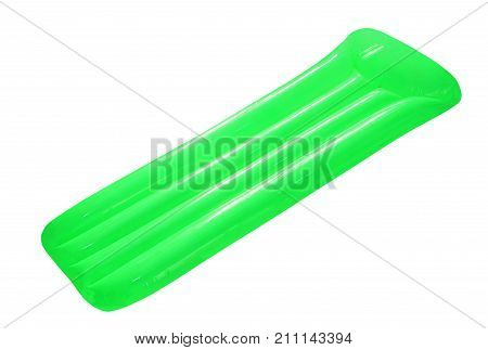 Green inflatable floating pool raft mattress isolated on white background.
