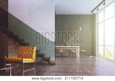 Modern Living Room, Yellow Armchair, Table Toned
