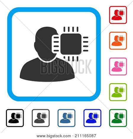 Neuro Interface icon. Flat grey pictogram symbol in a blue rounded squared frame. Black, gray, green, blue, red, orange color variants of Neuro Interface vector. Designed for web and app interfaces.