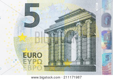 Closeup photo of a part of five euro note. Hi res photo.