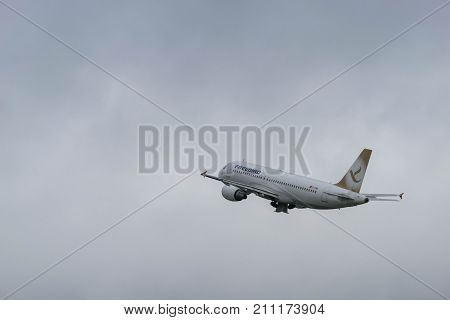 BIRMINGHAM INTERNATIONAL AIRPORT, BIRMINGHAM, ENGLAND - OCTOBER 28, 2017: a Flybe Airlines aeroplane taking off in Birmingham International Airport.