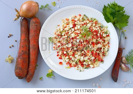 Vegeta seasoning spices condiment with dehydrated carrot ,parsley, celery ,parsnips and salt with or without glutamate