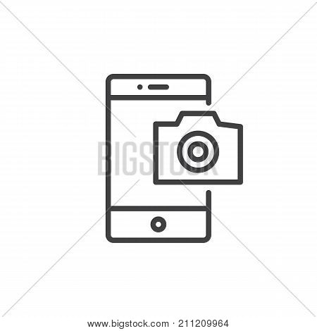 Mobile phone photography camera line icon, outline vector sign, linear style pictogram isolated on white. Smartphone camera symbol, logo illustration. Editable stroke