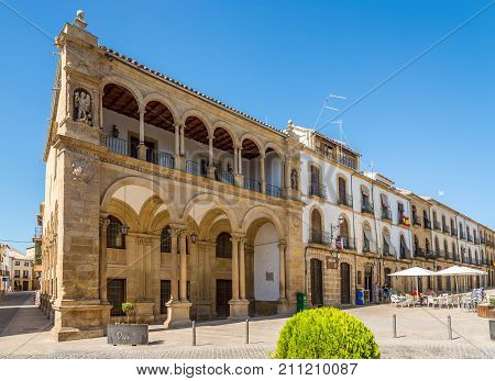 UBEDA,SPAIN - OCTOBER 2,2017 - Buildings at the Place of Primero de Mayo in Ubeda. Ubeda possesses 48 monuments and more of another hundred of buildings of interest almost all of them of Renaissance style.