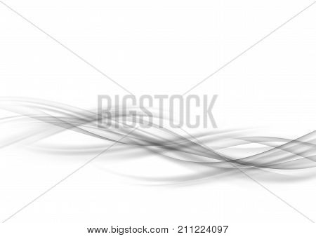Futuristic abstract soft transparent speed line graphic layout. Grey swoosh liquid gradient border transparent smoke wave pattern over white background template. Vector illustration
