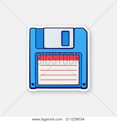 Vector illustration. Computer retro floppy disk. Magnetic disk drive. Digital storage media. Sticker in cartoon style with contour. Isolated on white background
