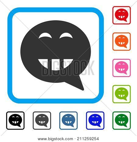 Laugth Smiley Message icon. Flat gray iconic symbol inside a blue rounded rectangle. Black, gray, green, blue, red, orange color variants of Laugth Smiley Message vector.