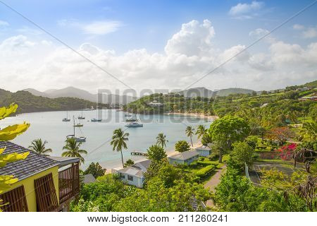 Antigua, Caribbean islands - May 20, 2017: English Harbour view with Galeon beach with yachts and sailing boats