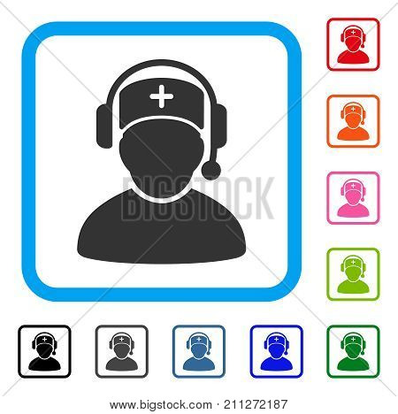 Doctor Call Center icon. Flat gray iconic symbol inside a blue rounded square. Black, gray, green, blue, red, orange color additional versions of Doctor Call Center vector.