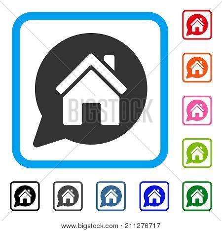 House Mention icon. Flat gray iconic symbol in a blue rounded rectangle. Black, gray, green, blue, red, orange color variants of House Mention vector. Designed for web and application user interface.