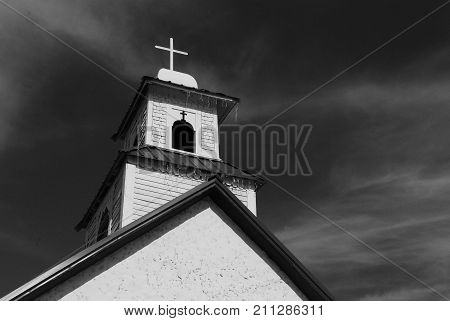 Bell tower, Sacred Heart of Jesus Catholic Church, Shafter, Texas.  Shafter is a ghost town in west Texas north of Big Bend National Park.