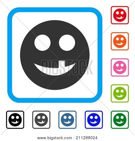 Toothless Smiley icon. Flat grey iconic symbol inside a blue rounded rectangle. Black, gray, green, blue, red, orange color variants of Toothless Smiley vector. Designed for web and application UI.