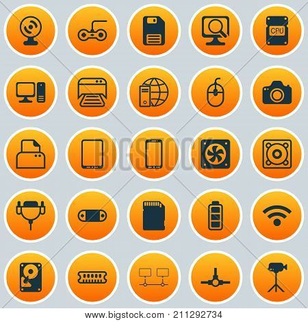 Computer Icons Set. Collection Of Dynamic Memory, Accumulator Sign, Camera And Other Elements