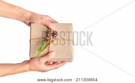 Top View Of Woman Hand Holding Christmas Present Box Isolated On White Background,gift Giving On Hol