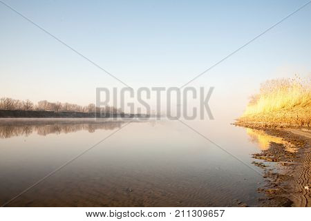 Morning On The River Early Morning Reeds Mist Fog And Water Surface On The River
