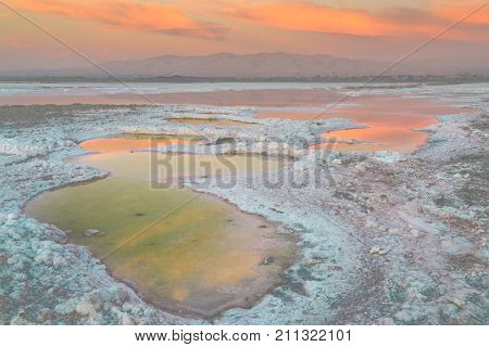 Bay Area Salt Ponds Sunset. Alviso Marina County Park, Santa Clara County, California, USA.