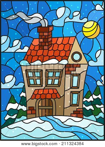 Illustration in vintage style winter landscape village house and fir-trees on a background of snow sky and sun