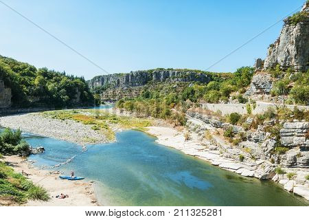 River Ardeche near the old village Balazuc which village is recognized as historical heritage and is considered one of the charming villages of France