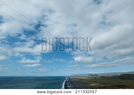 Iceland landscape, popular landmark Black Sand Beach in Vik, Iceland.