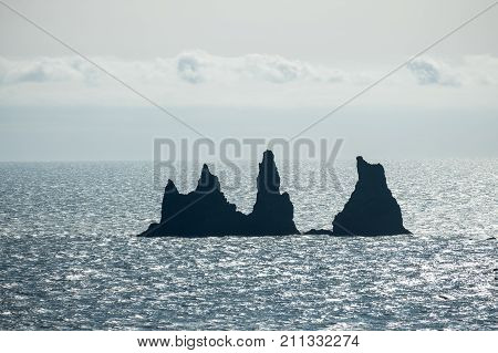 Iceland landscape, popular landmark Black Sand Beach in Vik, Iceland.