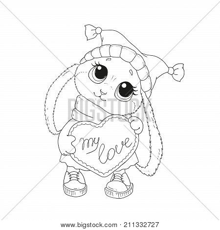 Lovely Bunny In A Hat. Congratulations On Valentine's Day. Rabbit With Heart. Hare Vector, Hand Draw