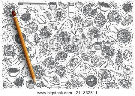 Hand drawn Korean food vector doodle set background