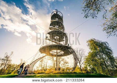Stuttgart Killegsberg Park Tower Landmark Monument Architecture Sunset Autumn Season Beautiful Wide Angle Visitor View October 29 2017