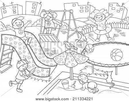 Childrens playground coloring. Raster illustration of black and white. Children, sand, slides, ball, bird, dog, cat, game background house grass bush flower swing sword