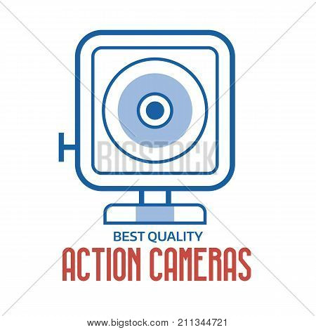 Action camera logo or label template. Extreme camera icon in outline design. Motion cam vector emblem in thin line style.
