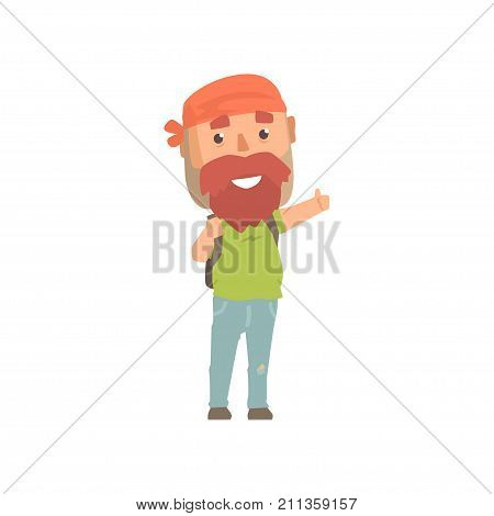Hipster man traveler with backpack, hitchhiker man trying to stop a car on a highway by hand, travelling by autostop cartoon vector Illustration on a white background