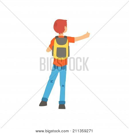 Young male hitchhiker traveling with backpack, man trying to stop a car on a highway by hand, back view, travelling by autostop cartoon vector Illustration on a white background